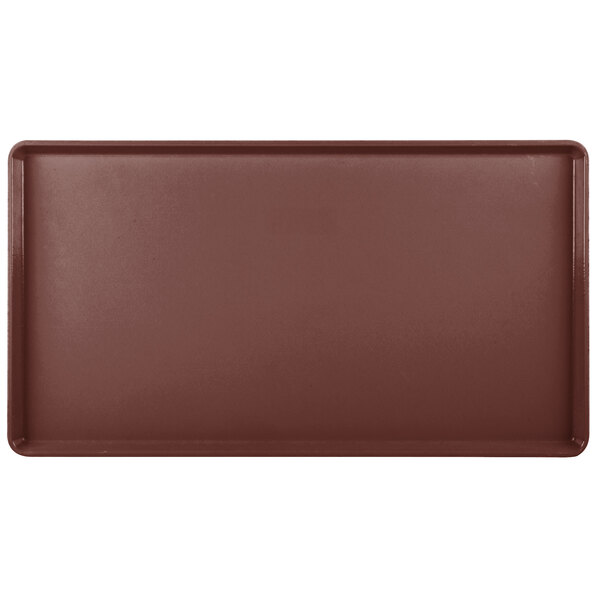 A close-up of a rectangular brown Cambro dietary tray.