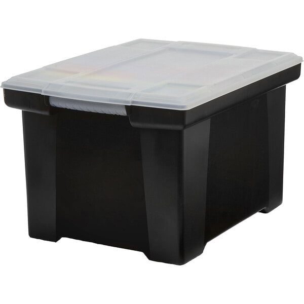 A Storex black plastic file storage box with a clear lid.