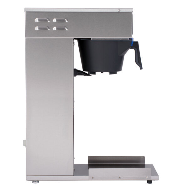 A silver Curtis tea brewer with a black plastic container.