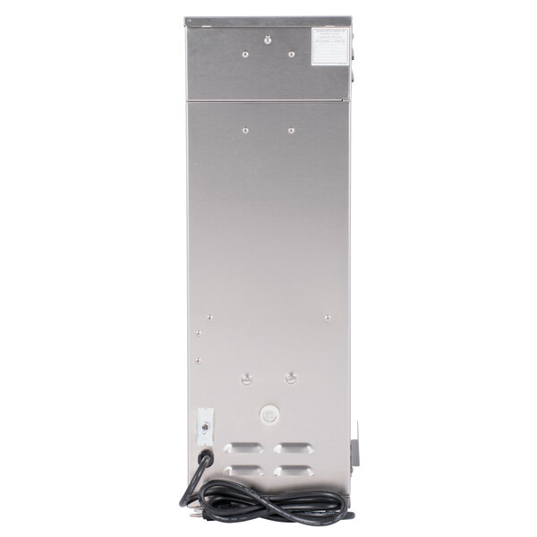 The back of a silver Curtis Low Profile Tea Brewer with a cord attached.