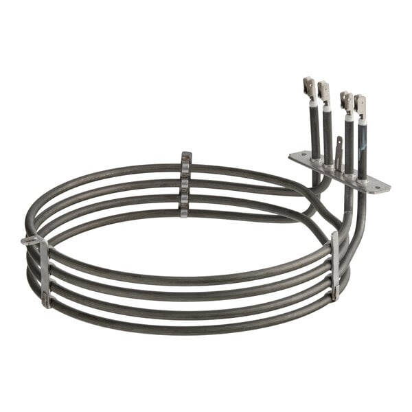 A circular metal heating element with three connection terminals mounted on a metal bracket.