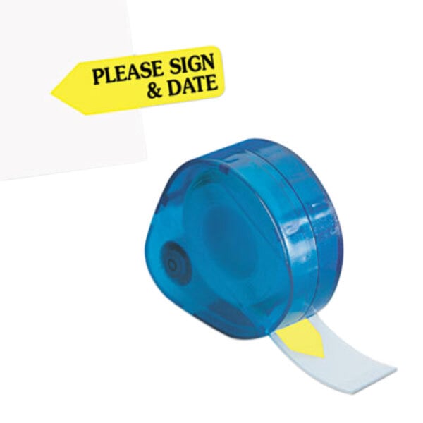 A blue tape dispenser with a yellow sign that says "Please Sign & Date" in black text.