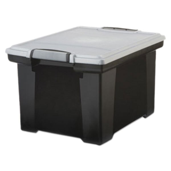 A black and white plastic Storex file storage box with locking handles.