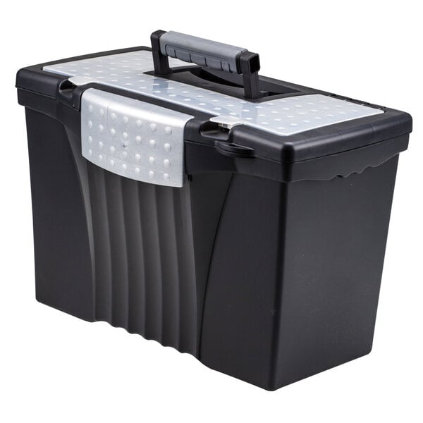 A black Storex portable file storage box with a silver handle.