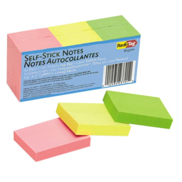 A box of Redi-Tag neon sticky notes with three different colored rectangles inside.