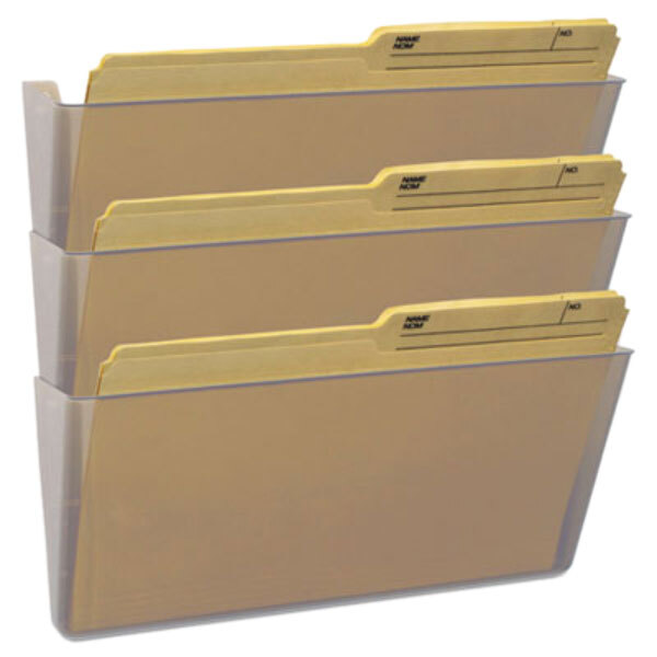 A clear plastic Storex wall file with three legal-sized file pockets holding yellow file folders.