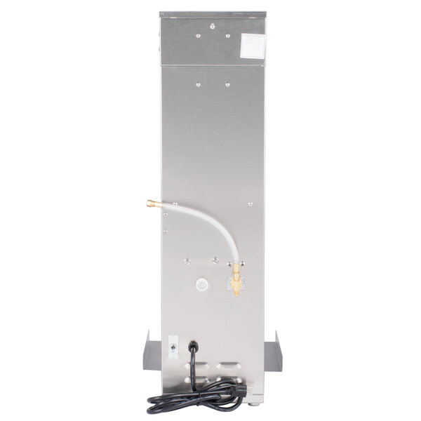 A silver stainless steel Curtis rotating brew basket with black wires and a white pipe.