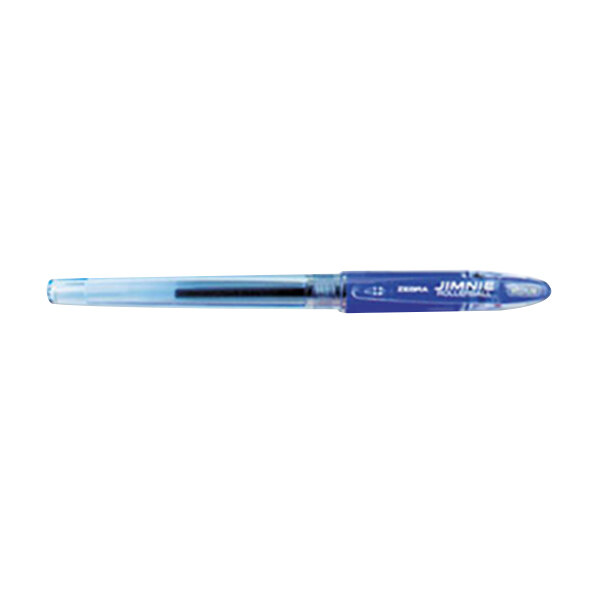 A Zebra Jimnie blue gel pen with a clear cap and black tip.