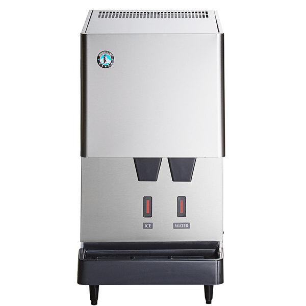 A silver Hoshizaki countertop ice machine with a black handle and stainless steel top.
