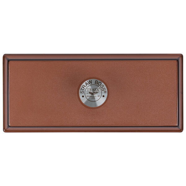 A brown rectangular Vollrath Straw Boss lid with a logo.
