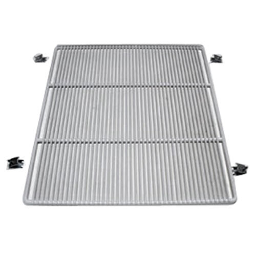 A white coated metal wire shelf with screws.