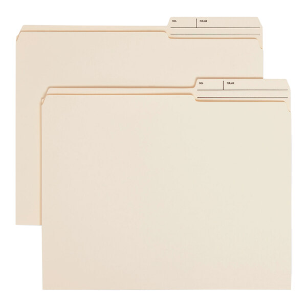 Two Smead letter size file folders with a white rectangular object and black lines on the tab.