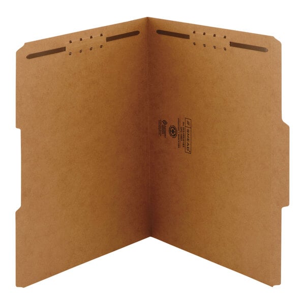 A brown Smead letter size folder with two fasteners and holes.