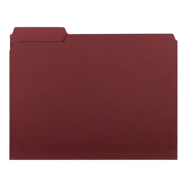 A maroon Smead file folder with 1/3 cut white tabs.