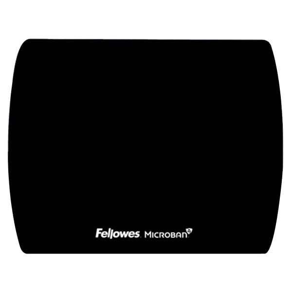 A black rectangular Fellowes mouse pad with white text.