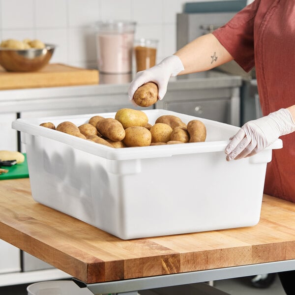 A large white polyethylene food storage box filled with potatoes on a kitchen counter.