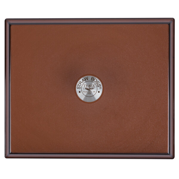 A brown square lid with a silver circle logo.