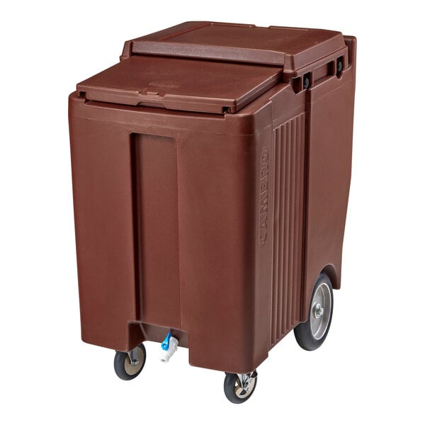 A large, dark brown, wheeled container with a sliding lid and a spout at the bottom front.