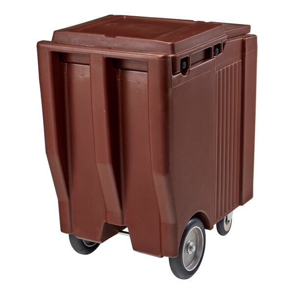 A large, dark brown, wheeled plastic bin with a fitted lid and sturdy construction.