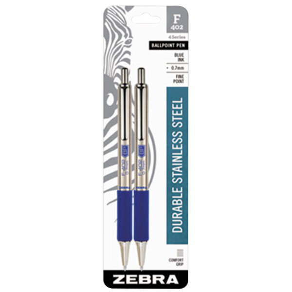 A pair of Zebra F-402 blue ink ballpoint pens in a package.