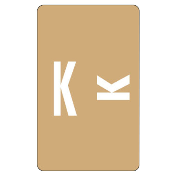 A white letter K on a brown rectangular label.