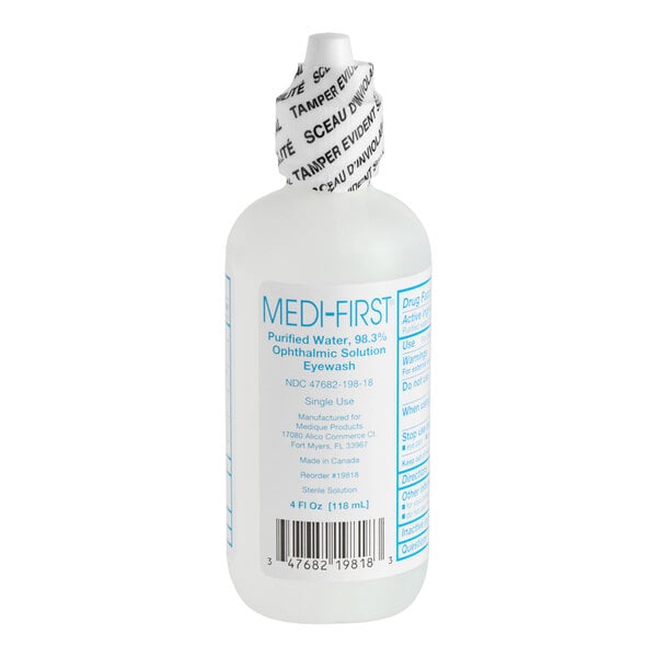 A 4 oz. bottle of Medi-First Mediwash first aid eye wash solution.