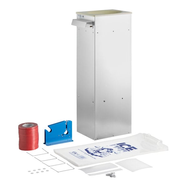 A stainless steel ice bagger starter kit for 20 lb. ice bags, including a bagger unit, ice bags, tape, a tape dispenser, and related accessories.