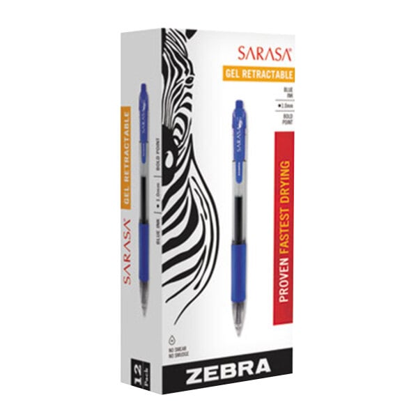 A box of 12 Zebra Sarasa blue gel retractable pens with transparent blue barrels.