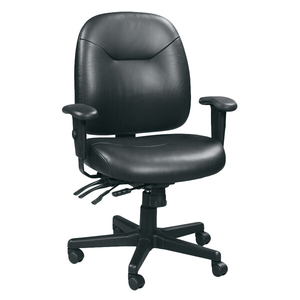 A black Eurotech office chair with arms and wheels.