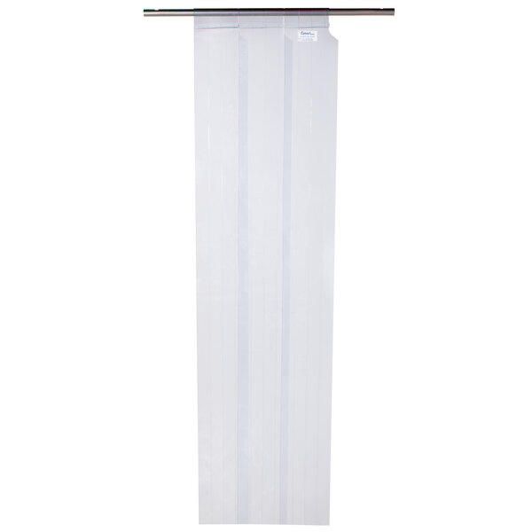 A white rectangular plastic curtain with vertical black stripes.
