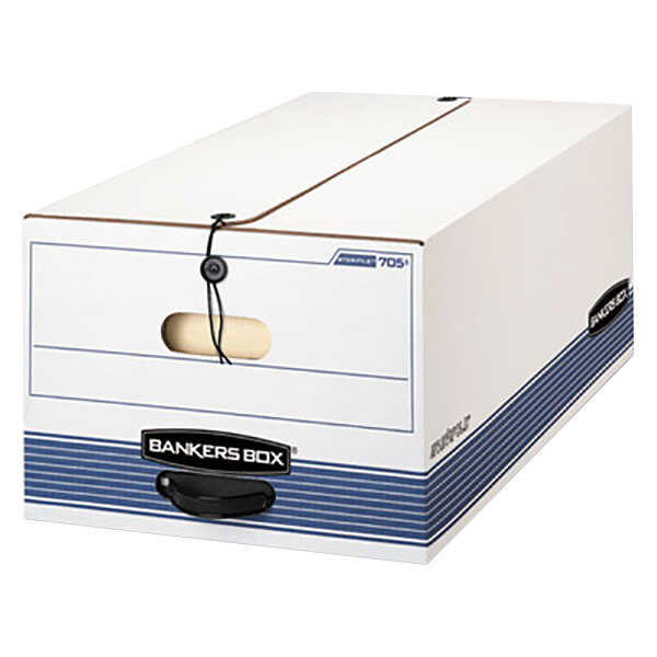 A white Banker's Box legal file storage box with string and button closure.