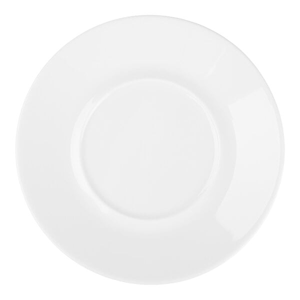 A plain white round saucer with a slightly raised center area.