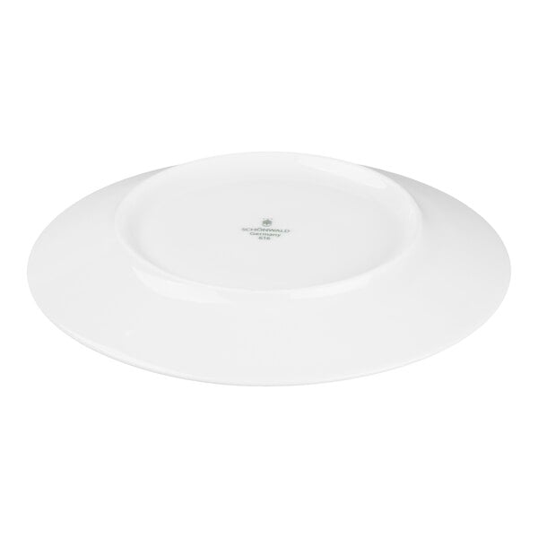 A white porcelain saucer shown upside down with a small logo and text at the center.