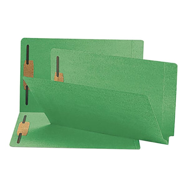 A green Smead Shelf-Master legal size folder with 2 metal fasteners.