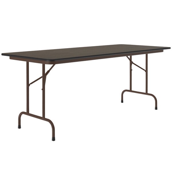 A walnut rectangular Correll folding table with a metal frame.