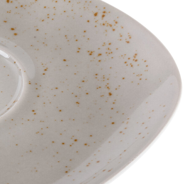 A light gray Schonwald porcelain saucer with brown speckles.