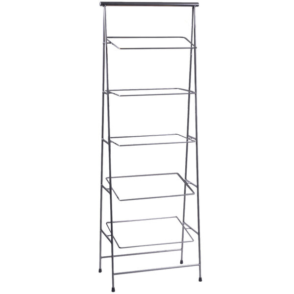 A gray powder coated iron rectangular 5-tier tilted pane stand.