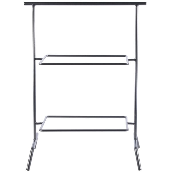 A gray powder coated iron square 2-tier tilted riser with gun metal finish.