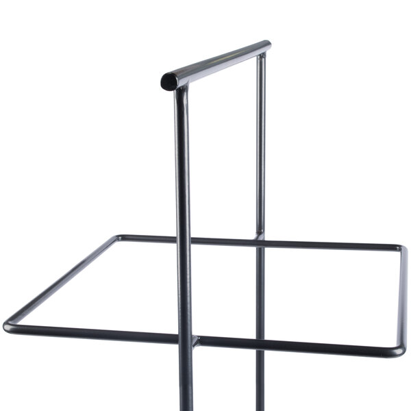 A gray powder coated iron square 2-tier tilted riser with black metal shelves.