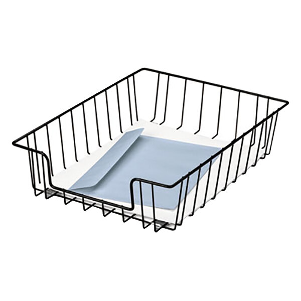 A blue envelope in a Fellowes black wire desk tray organizer.
