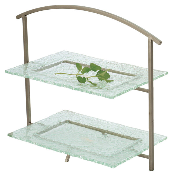 A rectangular metal riser with a glass shelf holding a plant.