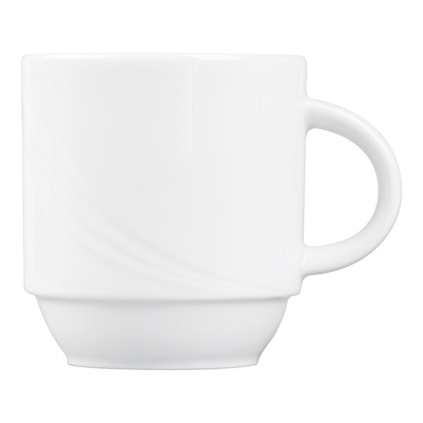 A plain white porcelain mug with a handle and a subtle curved design near the base.