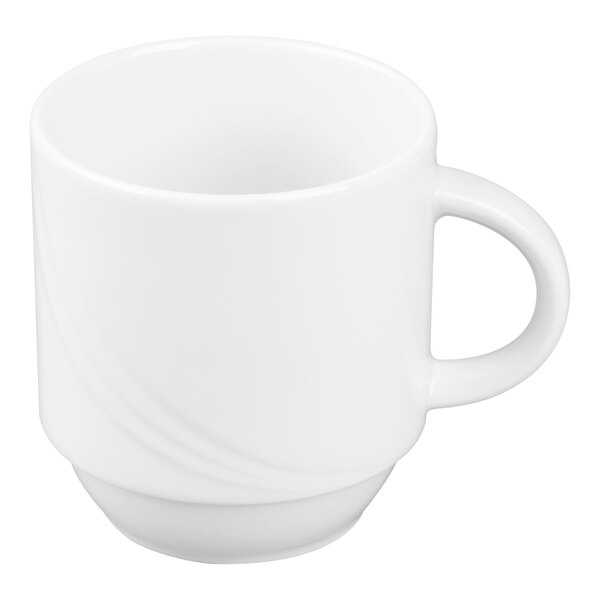 A plain white porcelain mug with a handle and a subtle curved design near the base.