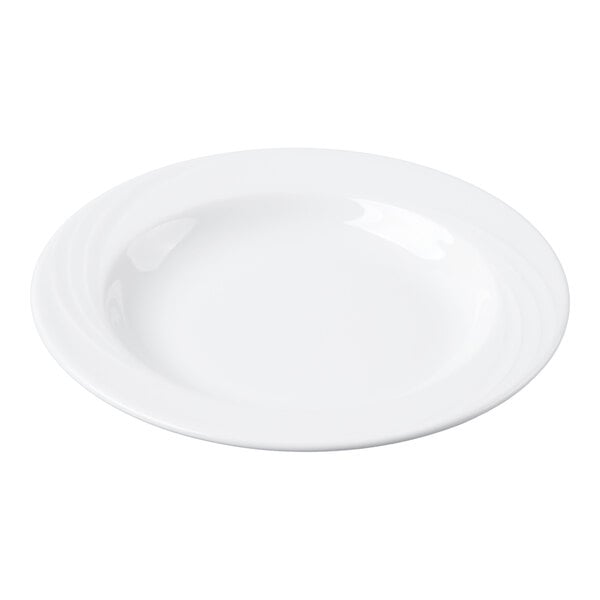 A plain white, round, deep porcelain bowl with a wide rim.