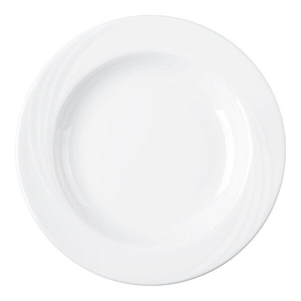 A plain white round porcelain bowl with a wide rim, viewed from above.
