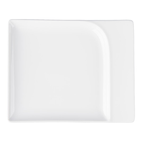 A rectangular white porcelain platter with slightly curved edges and a smooth, glossy finish.