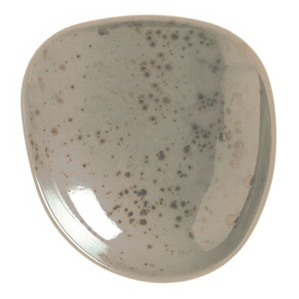 A close up of a light gray Schonwald organic porcelain plate with white speckles.