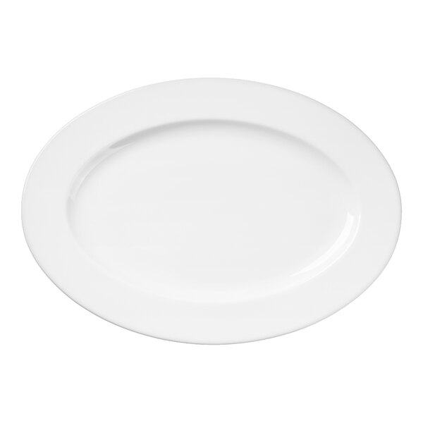 A plain white oval platter with a smooth surface and slightly raised rim.