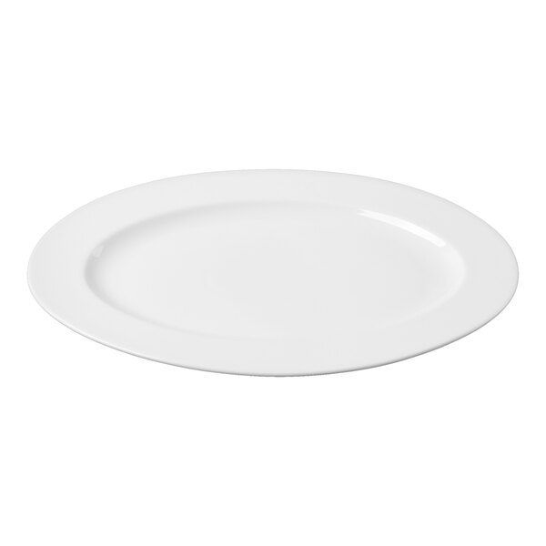 A plain white oval platter with a smooth surface and slightly raised rim.
