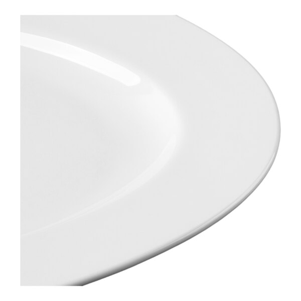 A close-up view of a smooth, glossy white oval platter.